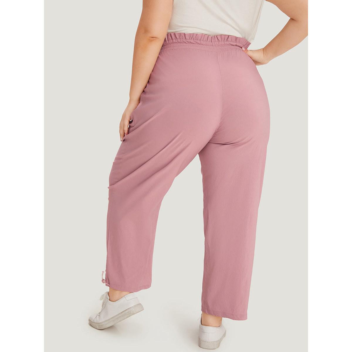 Plus Size Plain Paperbag Waist Drawstring Hem Slant Pocket Pants Women Rouge Casual High Rise Dailywear Pants BloomChic 30/6X Product Image