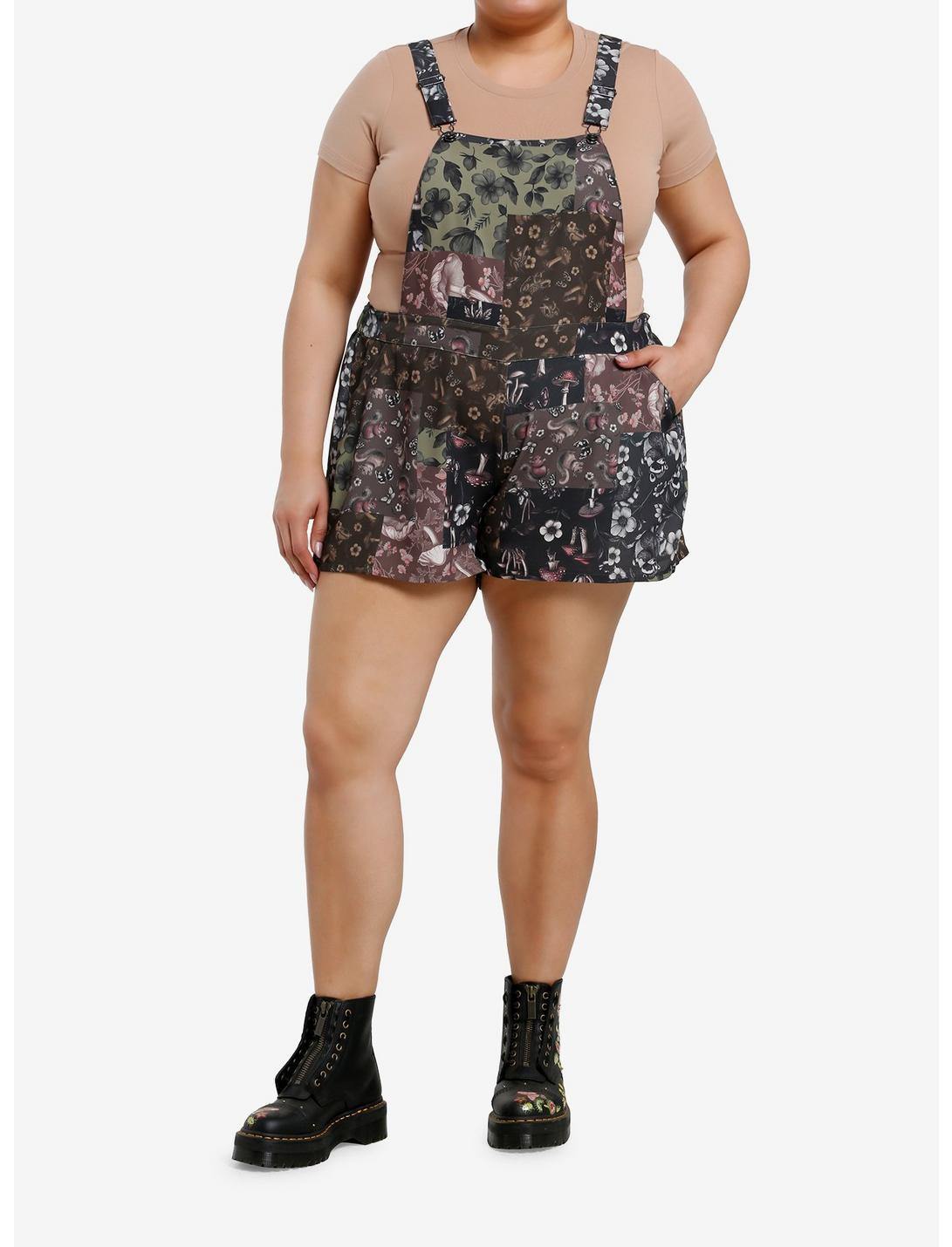 Thorn & Fable Mushroom Floral Patchwork Shortalls Plus Size Product Image