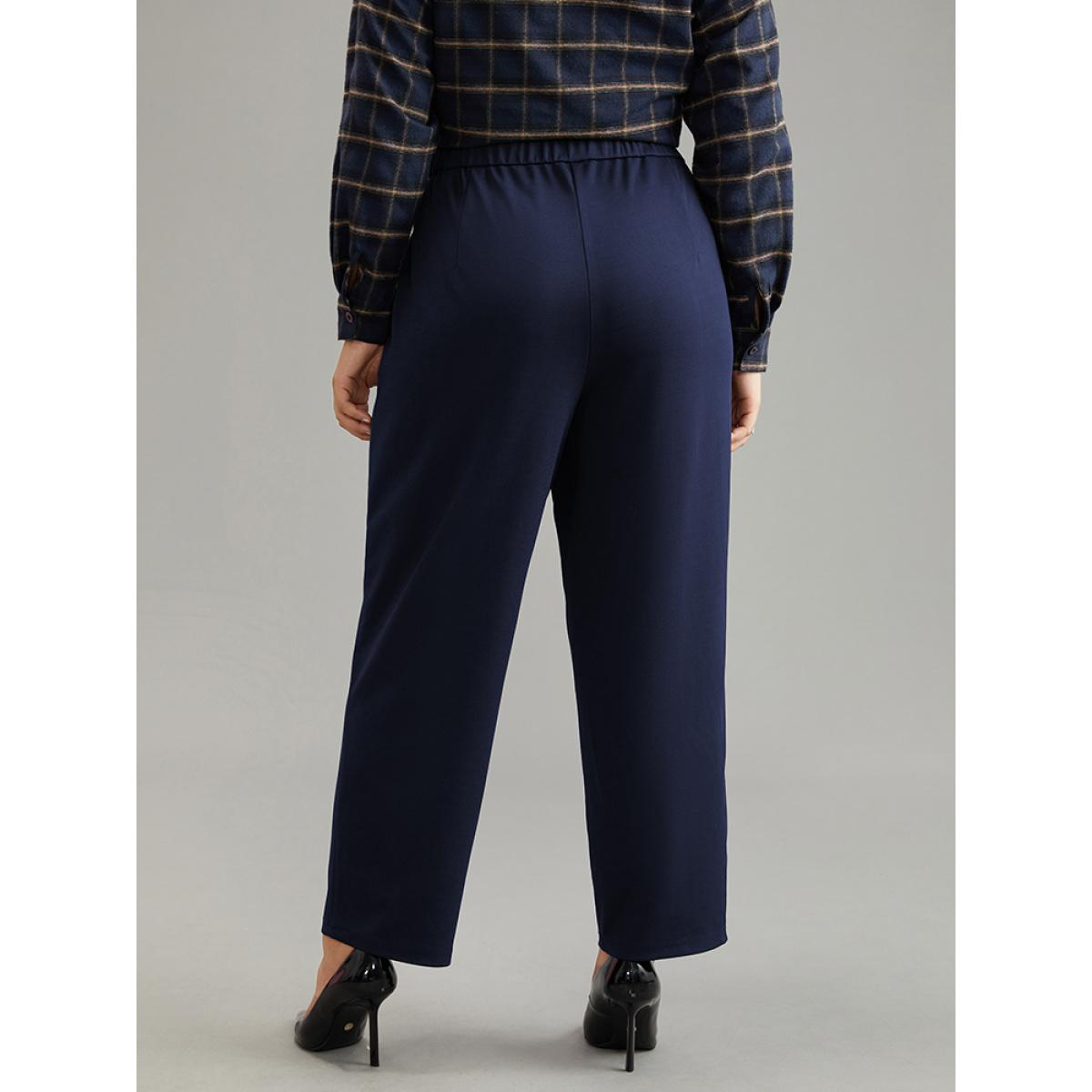 Plus Size Plain Elastic Waist Pocket Mid Rise Pants Women Indigo Office Mid Rise Work Pants BloomChic 26/4X Product Image