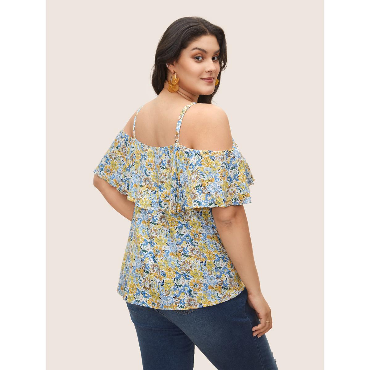 Plus Size Blue Floral One Shoulder Neck Adjustable Straps Blouse Women Resort Short sleeve One-shoulder neck Vacation Blouses BloomChic 26/4X Product Image