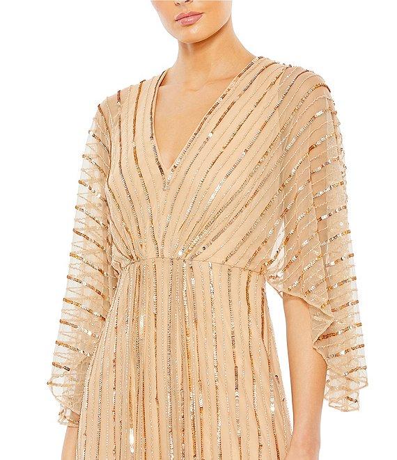 Mac Duggal Beaded Stripe 3/4 Kimono Sleeve V-Neck Gown Product Image