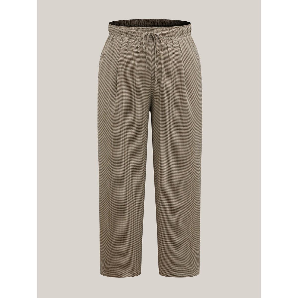 Plus Size Houndstooth Print Drawstring Waist Pants Women LightBrown Work From Home Straight Leg Mid Rise Work Pants BloomChic 12/L Product Image