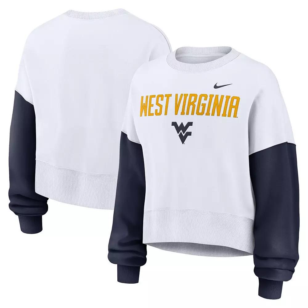 Women's Nike White West Virginia Mountaineers Color-Block Oversized Cropped Pullover Sweatshirt, Size: XL Product Image