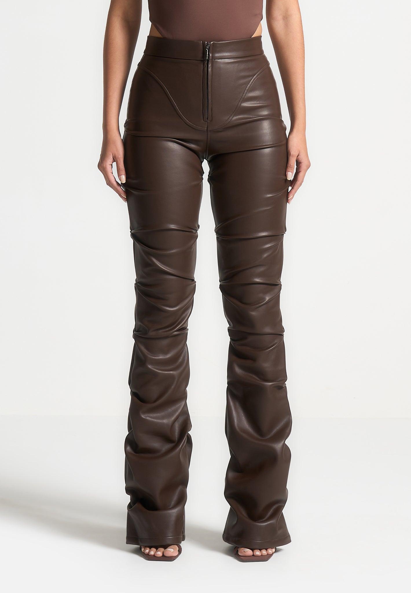 Caroline - Tacked Leather Flared Trousers - Brown Female Product Image