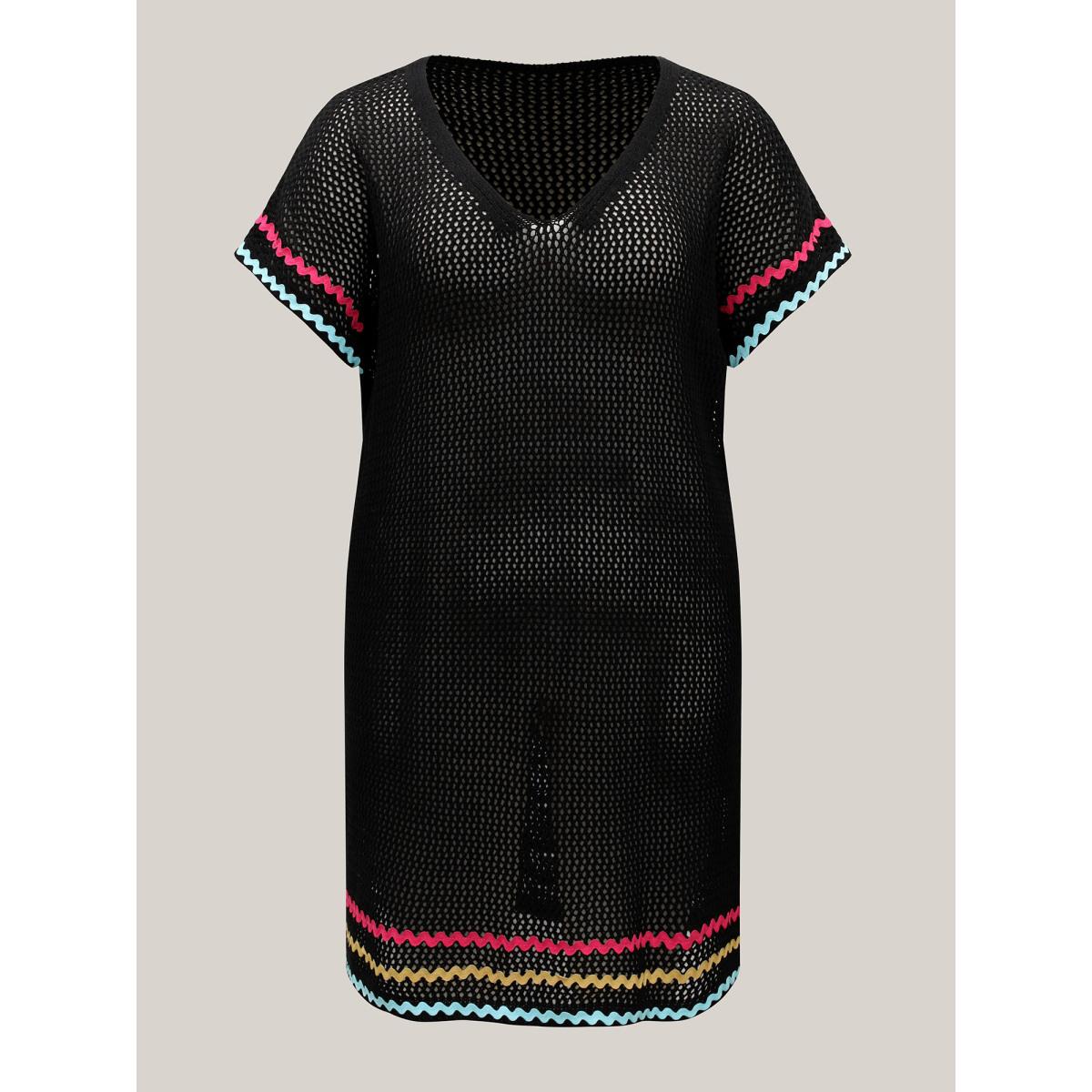 Plus Size Colorful Webbed Slit Cut-Out Swim Cover-Up Women's Swimwear Black Beach Loose Contrast Curve Swim Cover Ups BloomChic 12/L Product Image