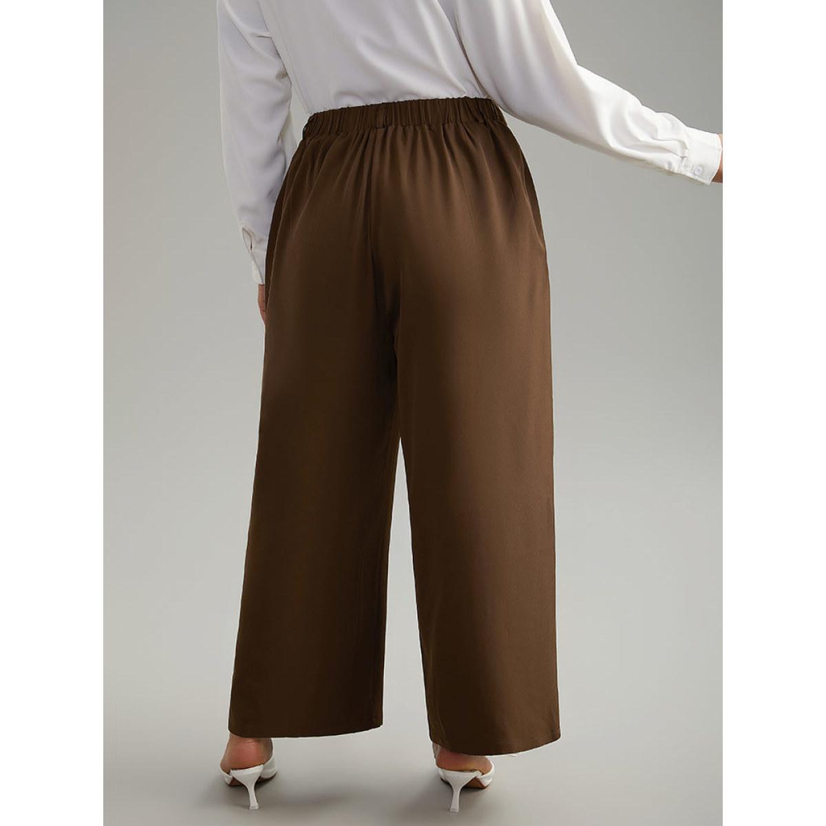 Plus Size Static-Free Plain Pocket Pleated Pants Women DarkBrown Office Straight Leg High Rise Office Pants BloomChic 28/5X Product Image