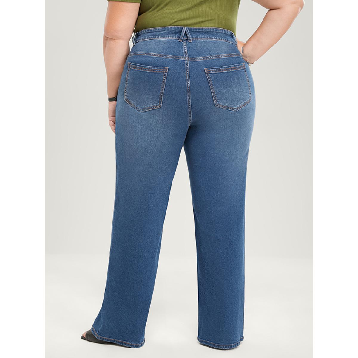 High Waist Plus Size Women Jeans Dailywear Plain Moderately Stretchy Wide Leg Medium Wash Pocket Basic Jeans BloomChic Product Image