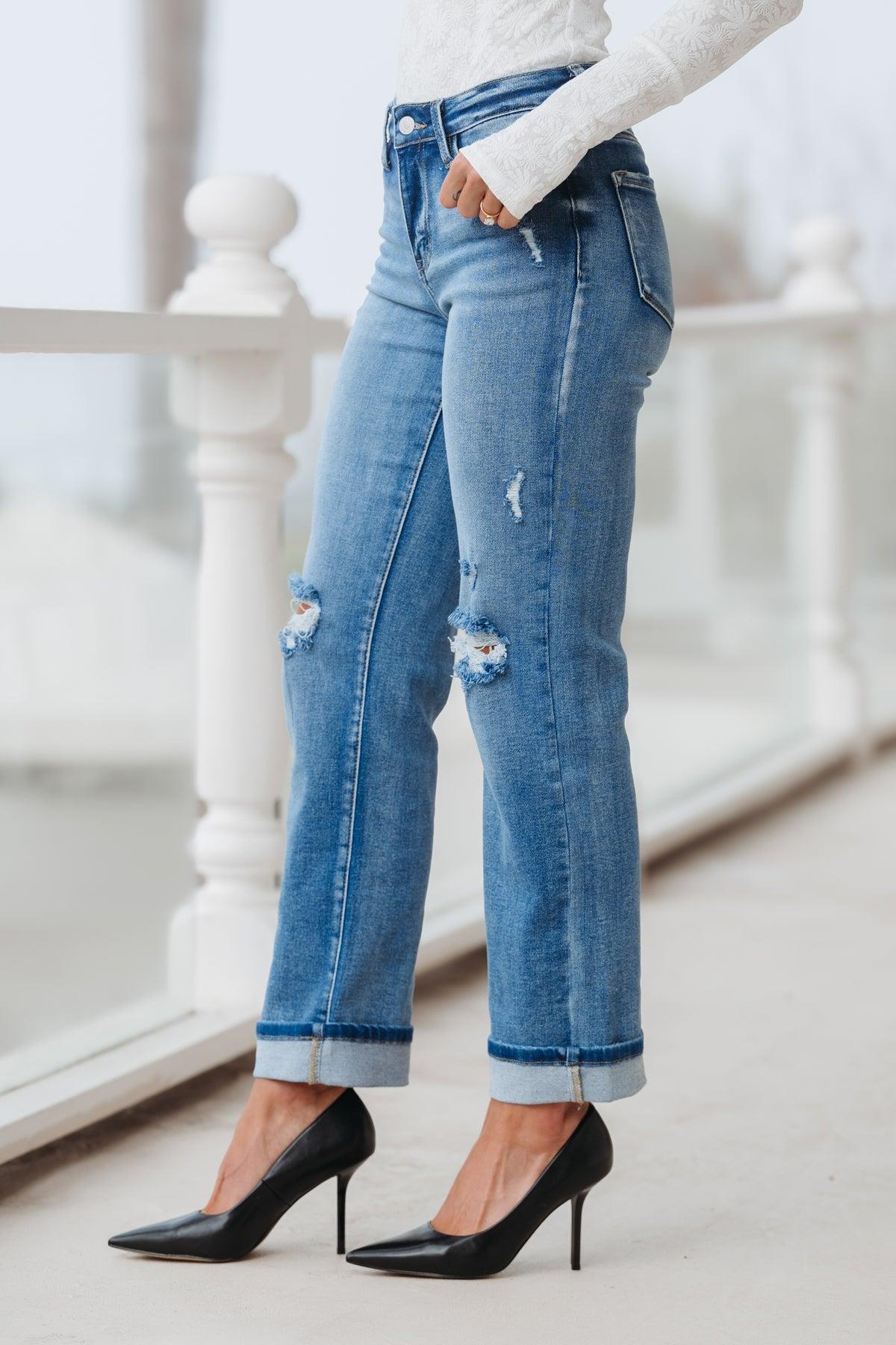 True Medium Wash Distressed Straight Leg Jeans Product Image