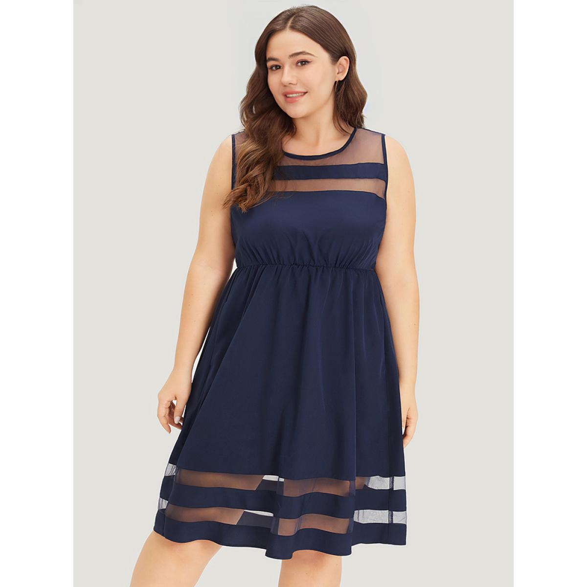Plus Size Mesh Patchwork Pocket Elastic Waist Gathered Tank Dress DarkBlue Women Elegant Gathered Round Neck Sleeveless Curvy Knee Dress BloomChic 18-20/2X Product Image