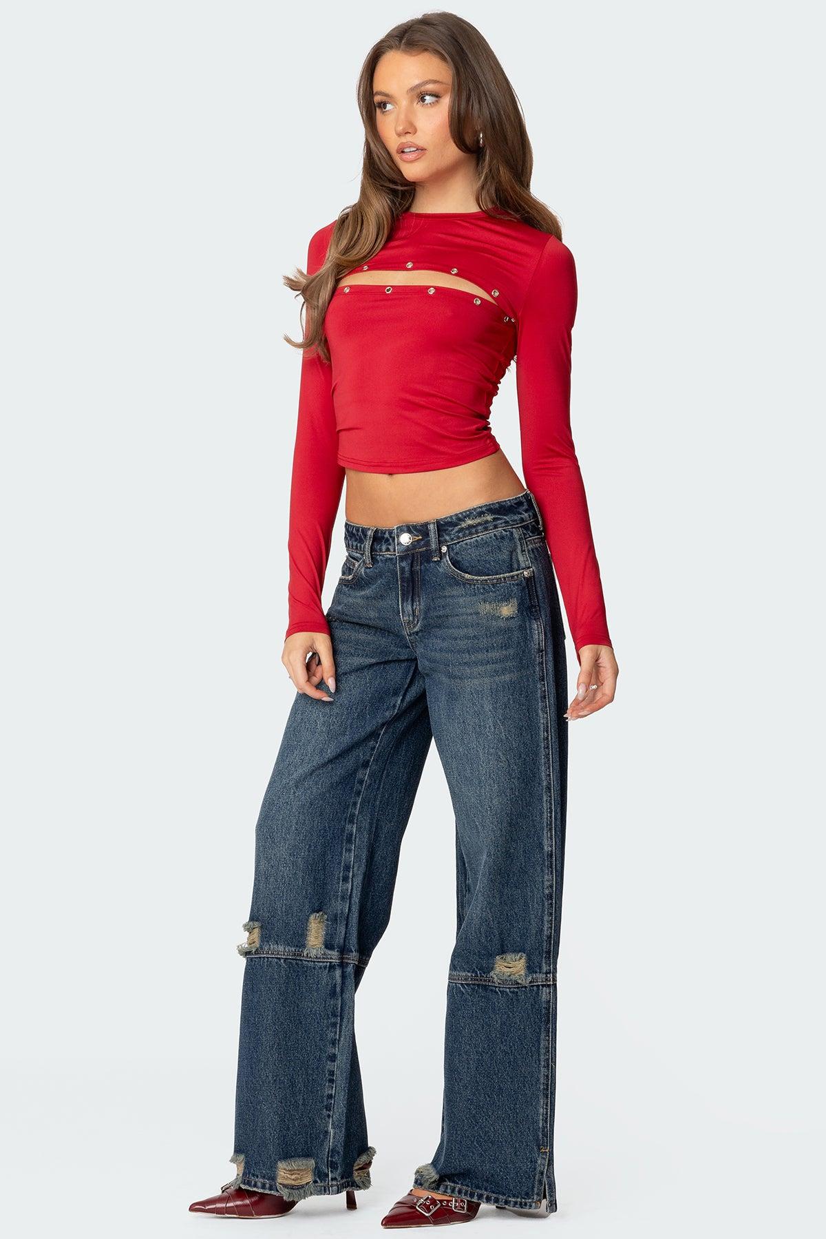 Slitted Distressed Low Rise Baggy Jeans Product Image