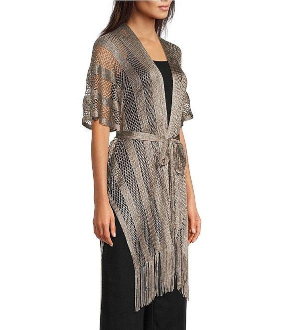 Vince Camuto Short Sleeve Mesh Net Fringe Tie Front Topper Product Image
