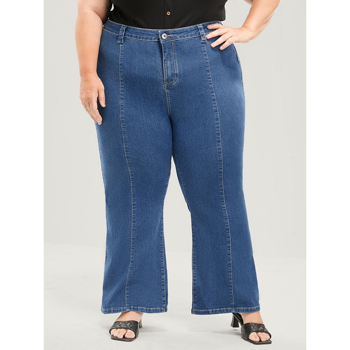 Plus Size Flare Leg Very Stretchy Mid Rise Medium Wash Jeans Women Blue Elegant Plain Patchwork High stretch Pocket Jeans BloomChic 28/5X Product Image