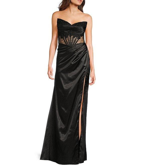 Blondie Nites Satin Illusion Applique Strapless Corset Pleated Tie Back Gown Product Image