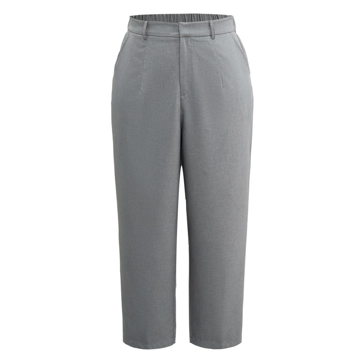 Plus Size Plain Heather Texture Elastic Waist Pocket Pants Women Gray Office High Rise Office Pants BloomChic 14-16/1X Product Image
