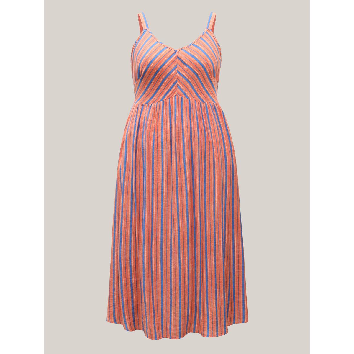 Plus Size Boho Stripes Cami Pockets Midi Dress Coral Women V-neck Sleeveless Curvy BloomChic 22-24/3X Product Image