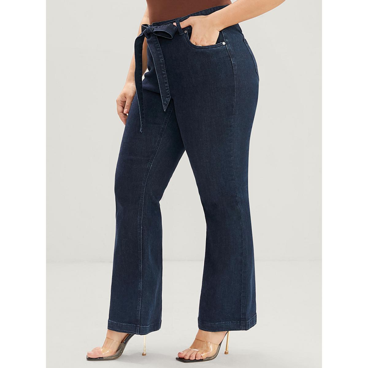 Plus Size Bootcut Slightly Stretchy High Rise Dark Wash Belted Jeans Women Indigo Elegant Plain Plain Low stretch Pocket Jeans BloomChic 10/M Product Image