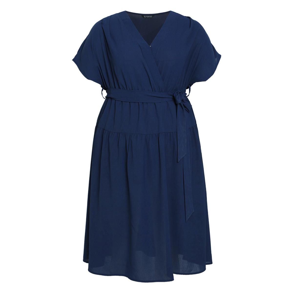 Plus Size Plain Wrap Belted Ruffles Split Hem Dress DarkBlue Women Elegant V-neck Short sleeve Curvy Midi Dress BloomChic 14-16/1X Product Image