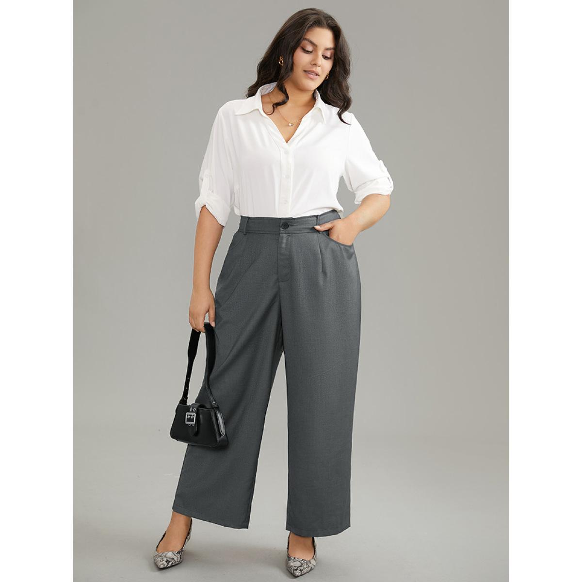 Plus Size Plain Pockec Straight Leg Zipper Fly Pants Women DimGray Office Straight Leg High Rise Office Pants BloomChic 14-16/1X Product Image