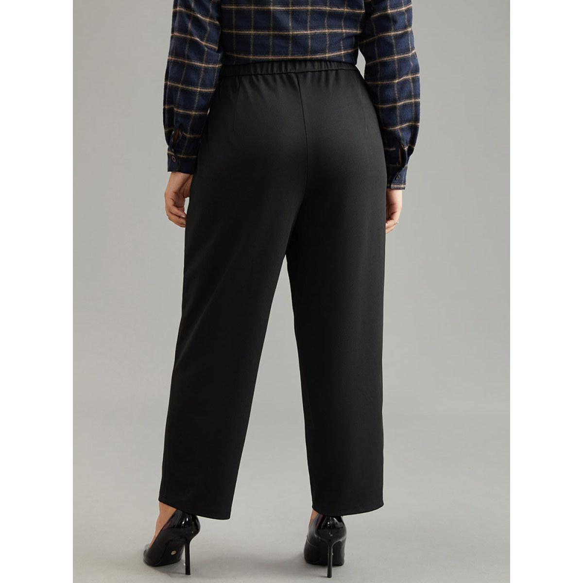 Plus Size Plain Elastic Waist Pocket Mid Rise Pants Women Black Office Mid Rise Office Pants BloomChic 12/L Product Image