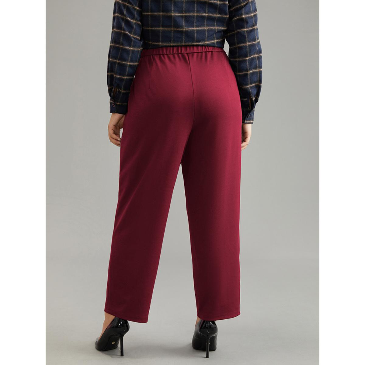 Plus Size Plain Elastic Waist Pocket Mid Rise Pants Women Scarlet Office Mid Rise Office Pants BloomChic 14-16/1X Product Image
