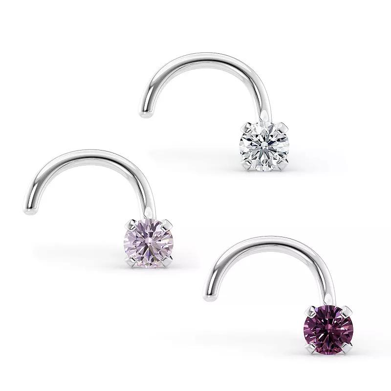 Lila Moon 14k Gold Purple & White Cubic Zirconia Curved Nose Studs Trio, Women's, 14k White Gold Product Image