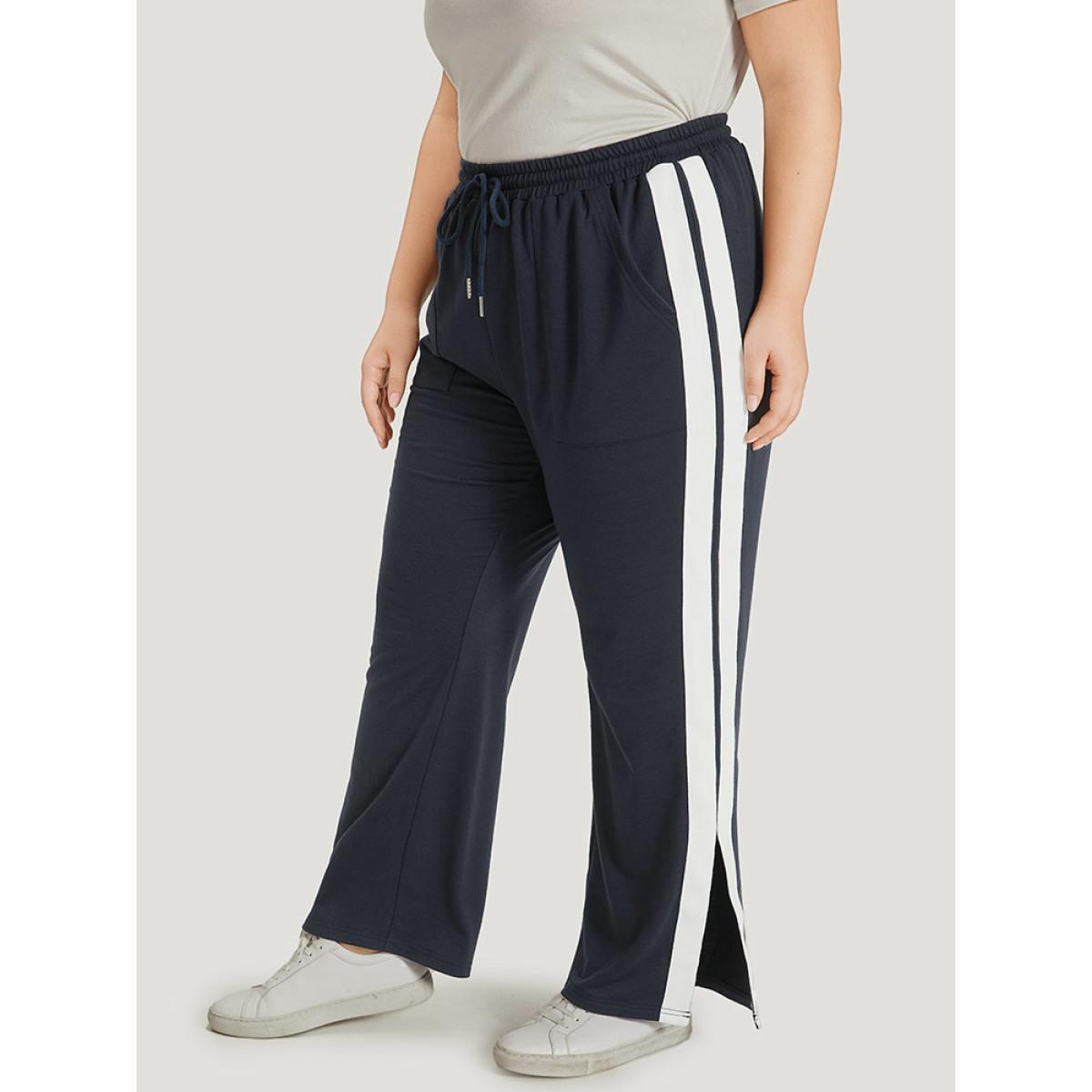 Two Tone Slant Pocket Bowknot Split Side Sweatpant Midnight Plus Size Women Casual Dailywear Contrast 10/M Bloomchic Product Image