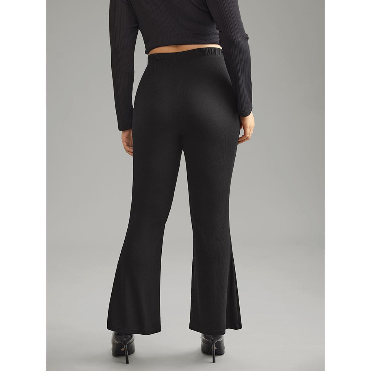 Plus Size Solid Drawstring Ruched Flare Leg Pants Women Black Casual Flare Leg High Rise Dailywear Pants BloomChic 12/L Product Image