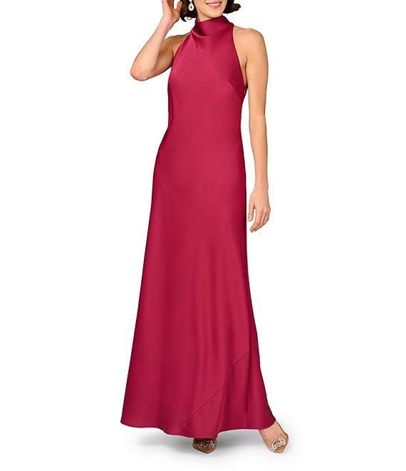 Aidan Mattox Halter Neck Sleeveless Satin Sheath Tie Back Gown Product Image