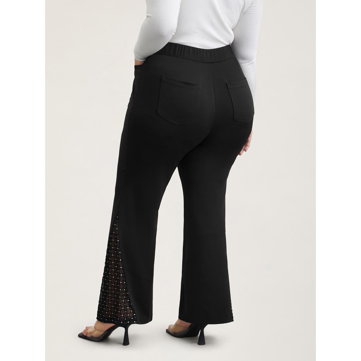 Plus Size Mesh Spliced Mid Rise Flared Pants Women Black Elegant Bootcut Mid Rise Everyday Pants BloomChic 22-24/3X Product Image