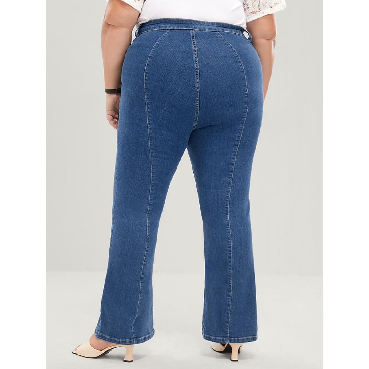Plus Size Flare Leg Very Stretchy Mid Rise Medium Wash Jeans Women Blue Elegant Plain Patchwork High stretch Pocket Jeans BloomChic 28/5X Product Image