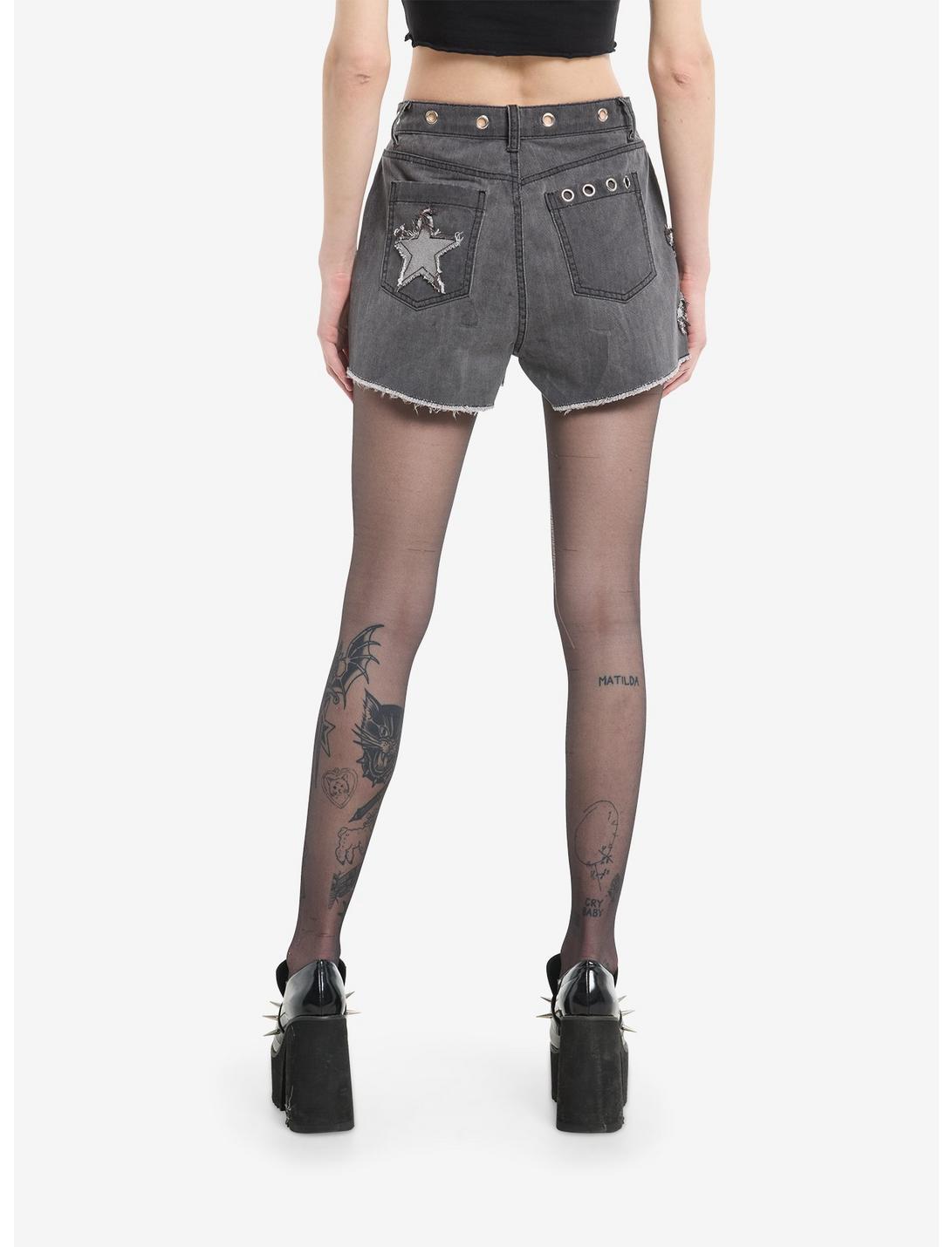 Grey Frayed Star Patch Denim Shorts Product Image