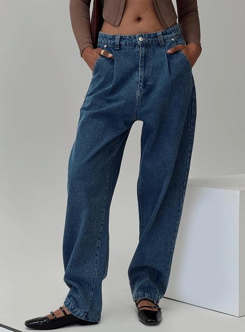 Forestier Mid Rise Barrel Leg Pin Tuck Jeans Mid Blue Product Image