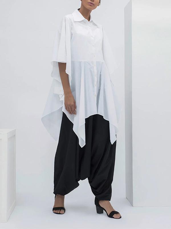 Flared Sleeves Half Sleeves Buttoned Solid Color Split-Joint Lapel Blouses&Shirts Tops Product Image