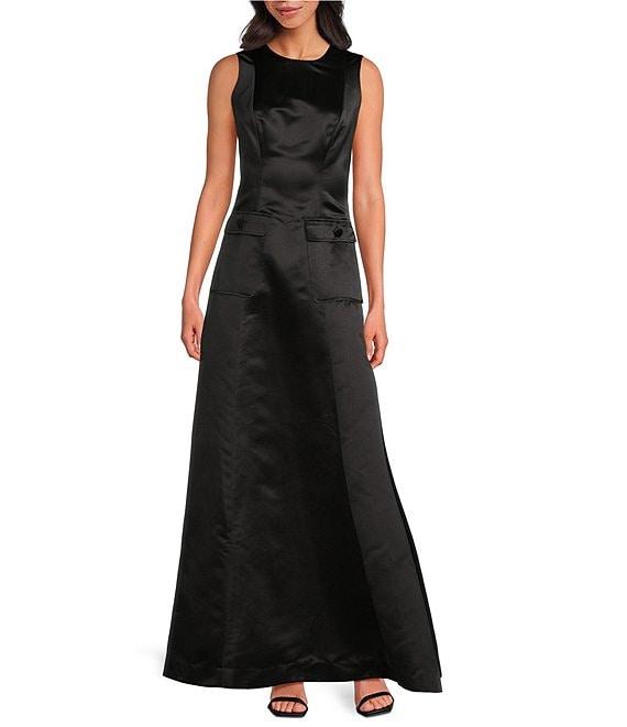 Trina Turk Guinevere Dutchess Satin Round Neck Sleeveless A-Line Maxi Dress Product Image