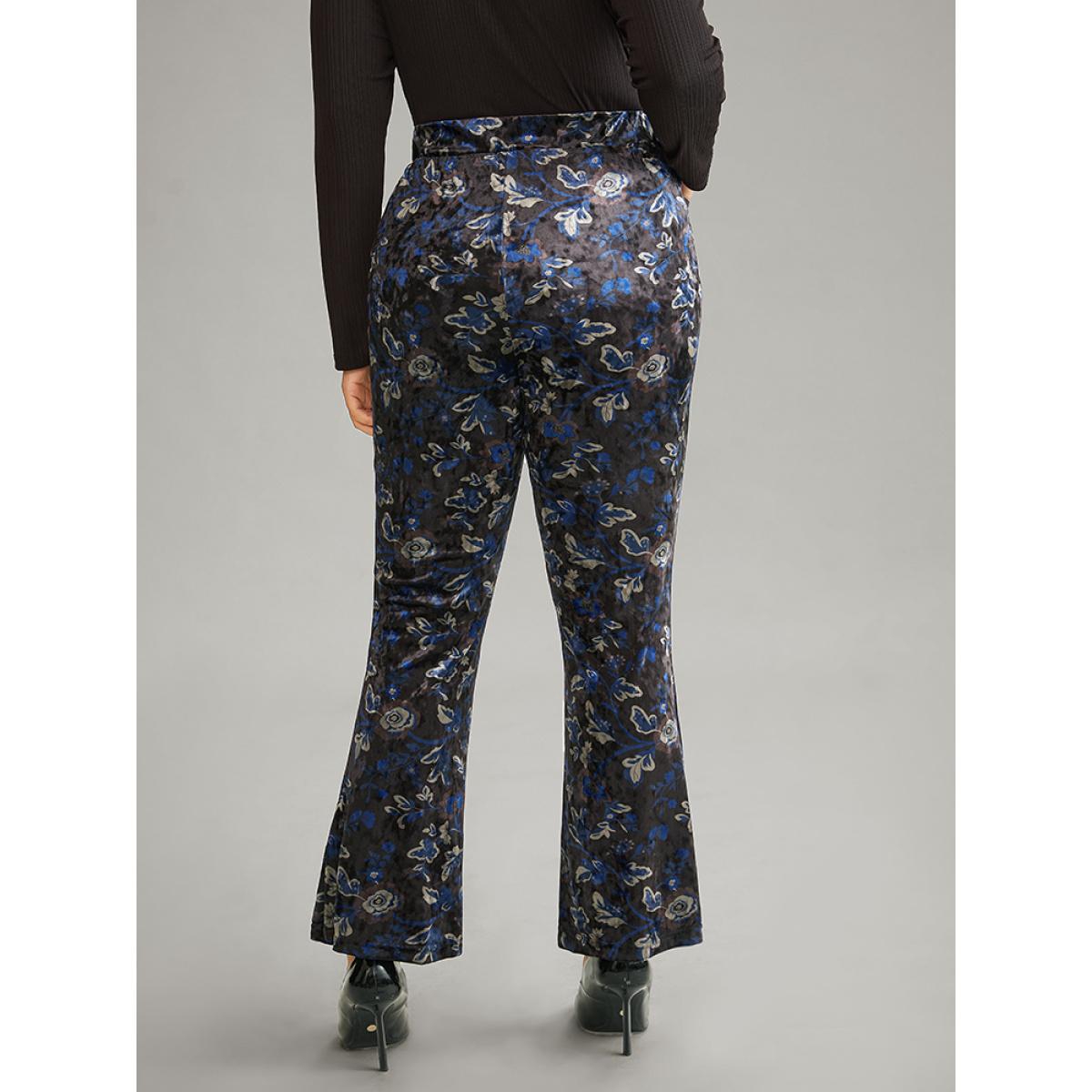 Plus Size Velvet Floral Elastic Waist High Rise Bootcut Pants Women Black Elegant Bootcut High Rise Dailywear Pants BloomChic 22-24/3X Product Image
