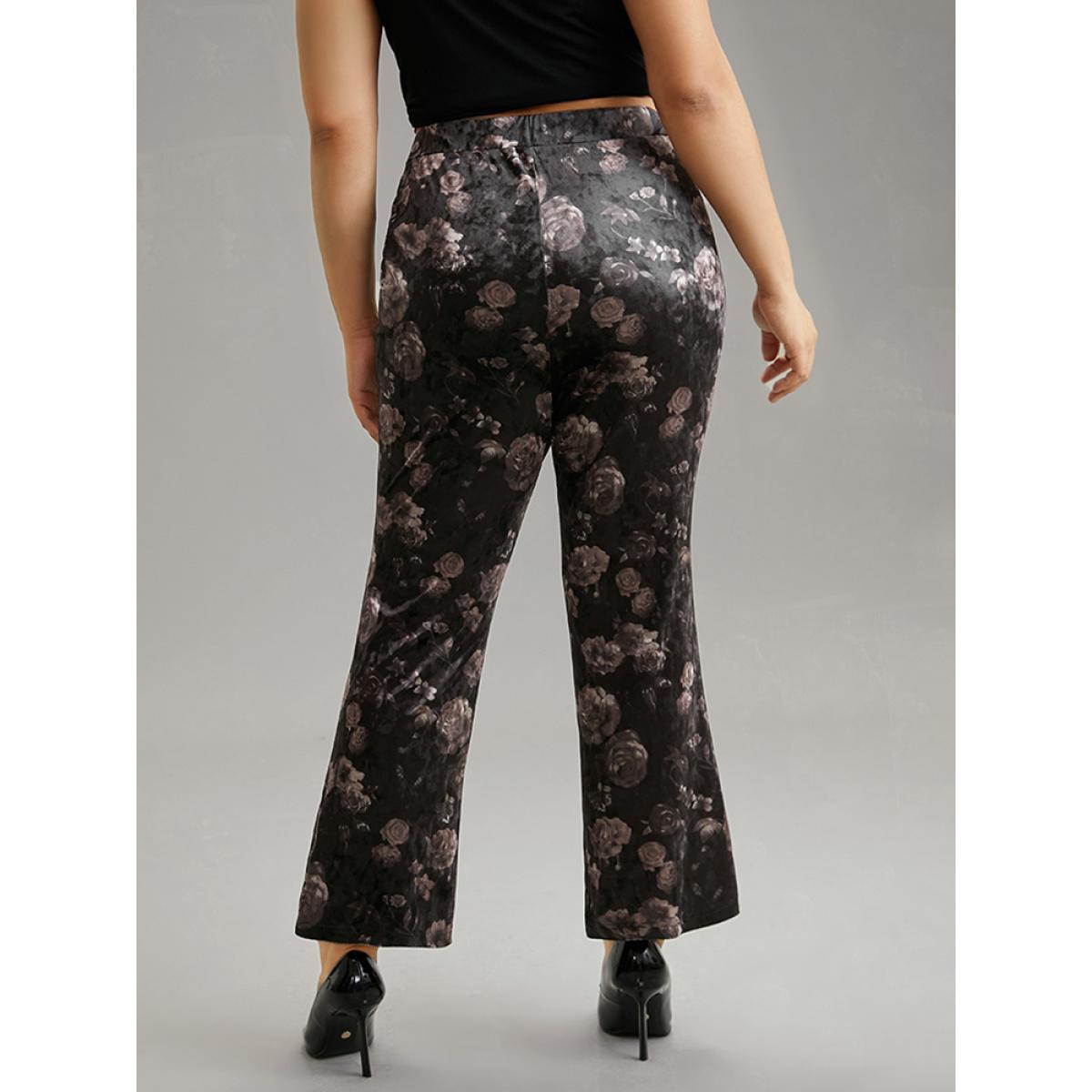 Plus Size Floral Texture Velvet Flare Leg Pants Women BlackFlower Elegant Flare Leg High Rise Dailywear Pants BloomChic 18-20/2X Product Image