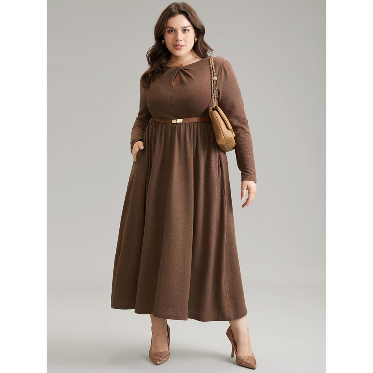 Plus Size Plain Keyhole Elastic Waist Twist Front Dress DarkBrown Women Office Plain Keyhole Cut-Out Long Sleeve Curvy Midi Dress BloomChic 22-24/3X Product Image