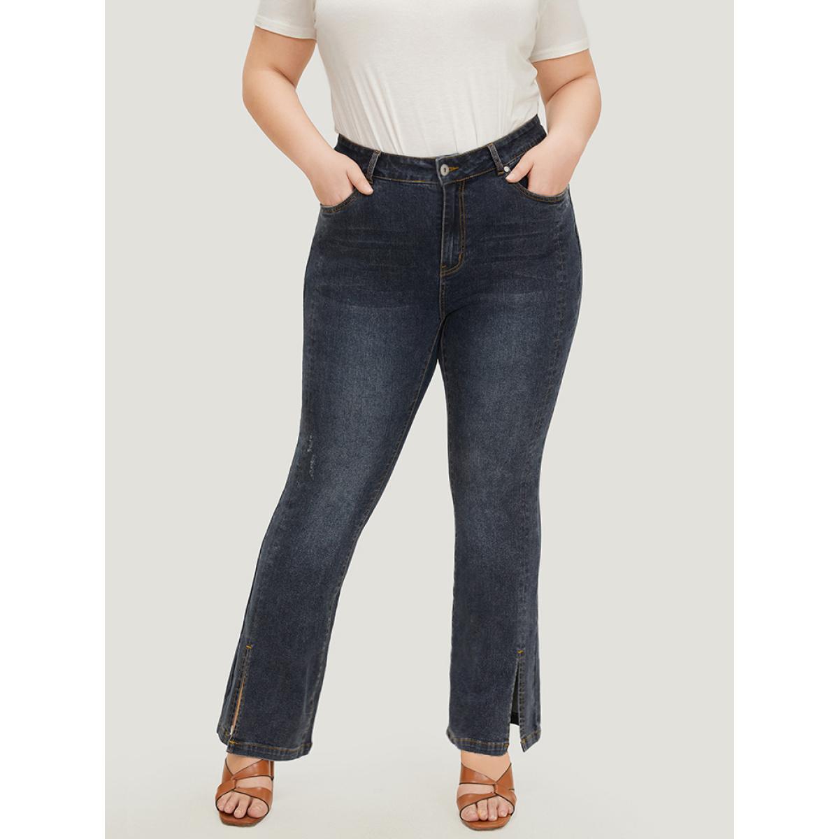 Plus Size Very Stretchy Split Hem Medium Wash Jeans Women Indigo Casual Plain Slit High stretch Pocket Jeans BloomChic 12/L Product Image
