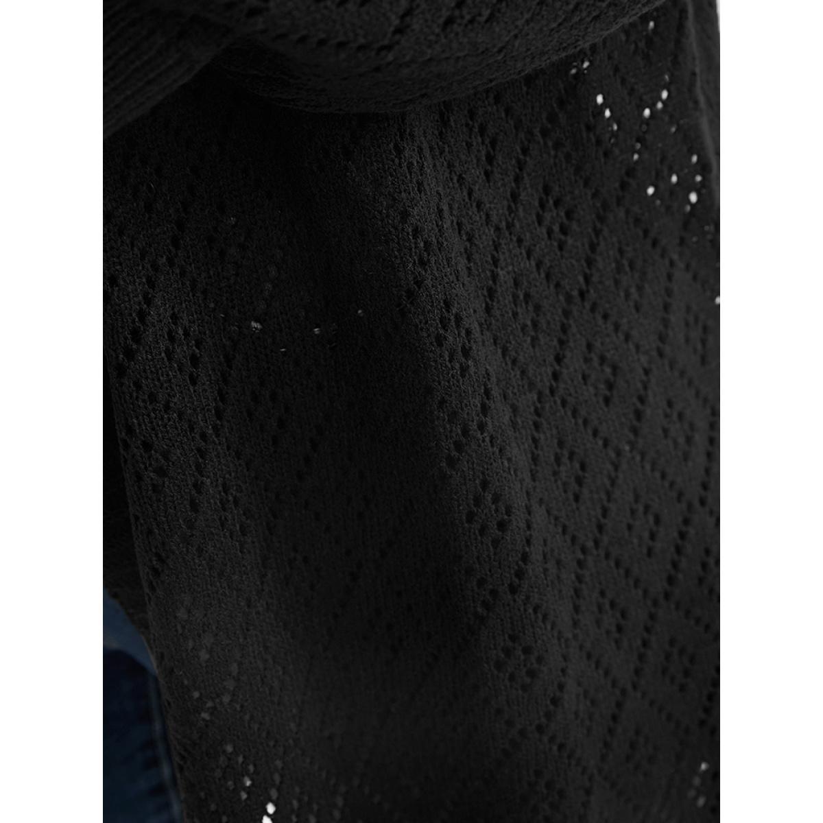 Plus Size Plain Pointelle Knit Argyle Eyelet Asymmetrical Open Front Cardigan Black Women Casual Loose Long Sleeve Dailywear Cardigans BloomChic 10/M Product Image