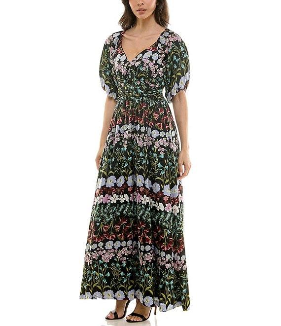 Moda Tara Short Sleeve V-Neck Floral Printed Maxi Dress Product Image