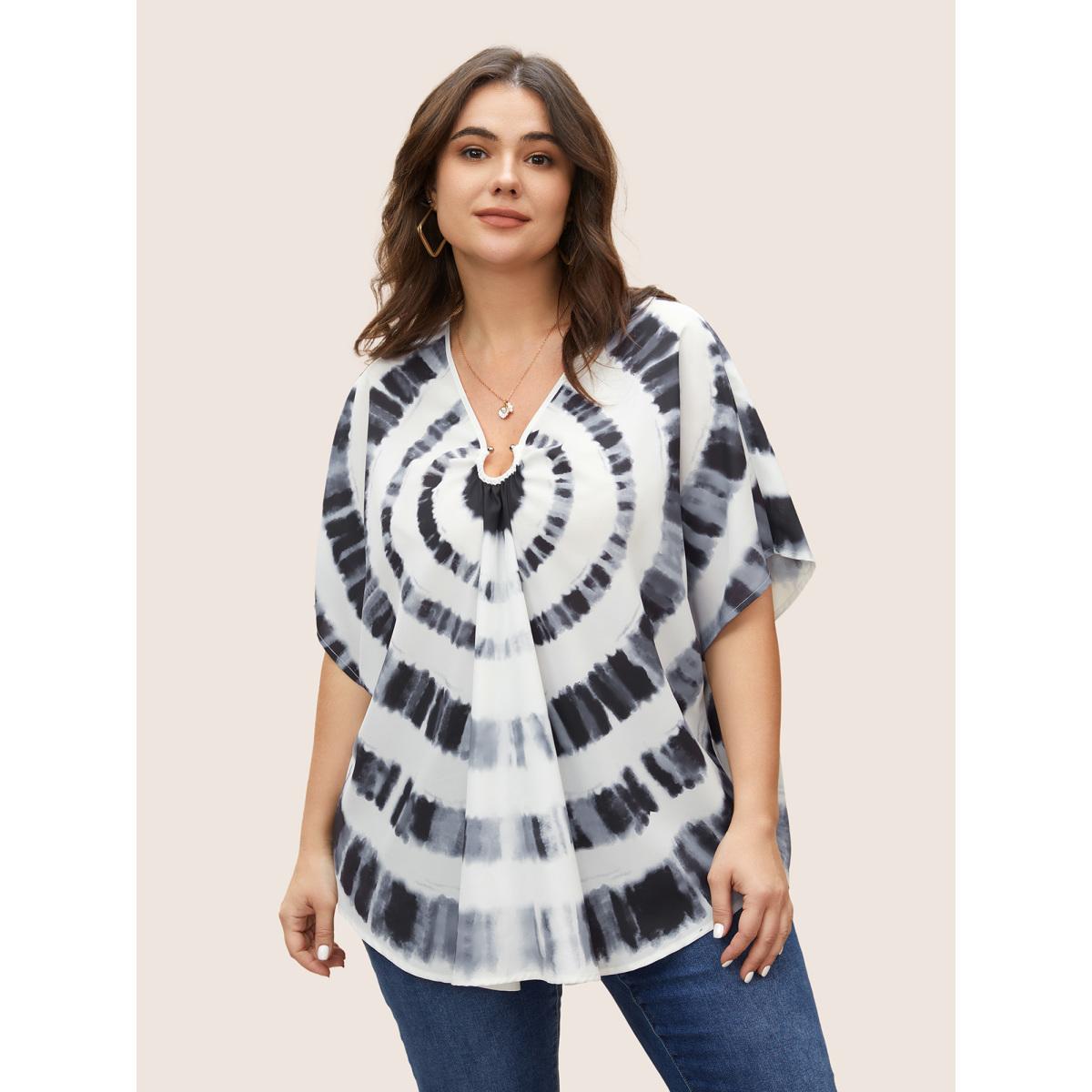 Plus Size Black Tie Dye Metal Detail Batwing Sleeve Blouse Women Casual Half Sleeve V-neck Everyday Blouses BloomChic 22-24/3X Product Image