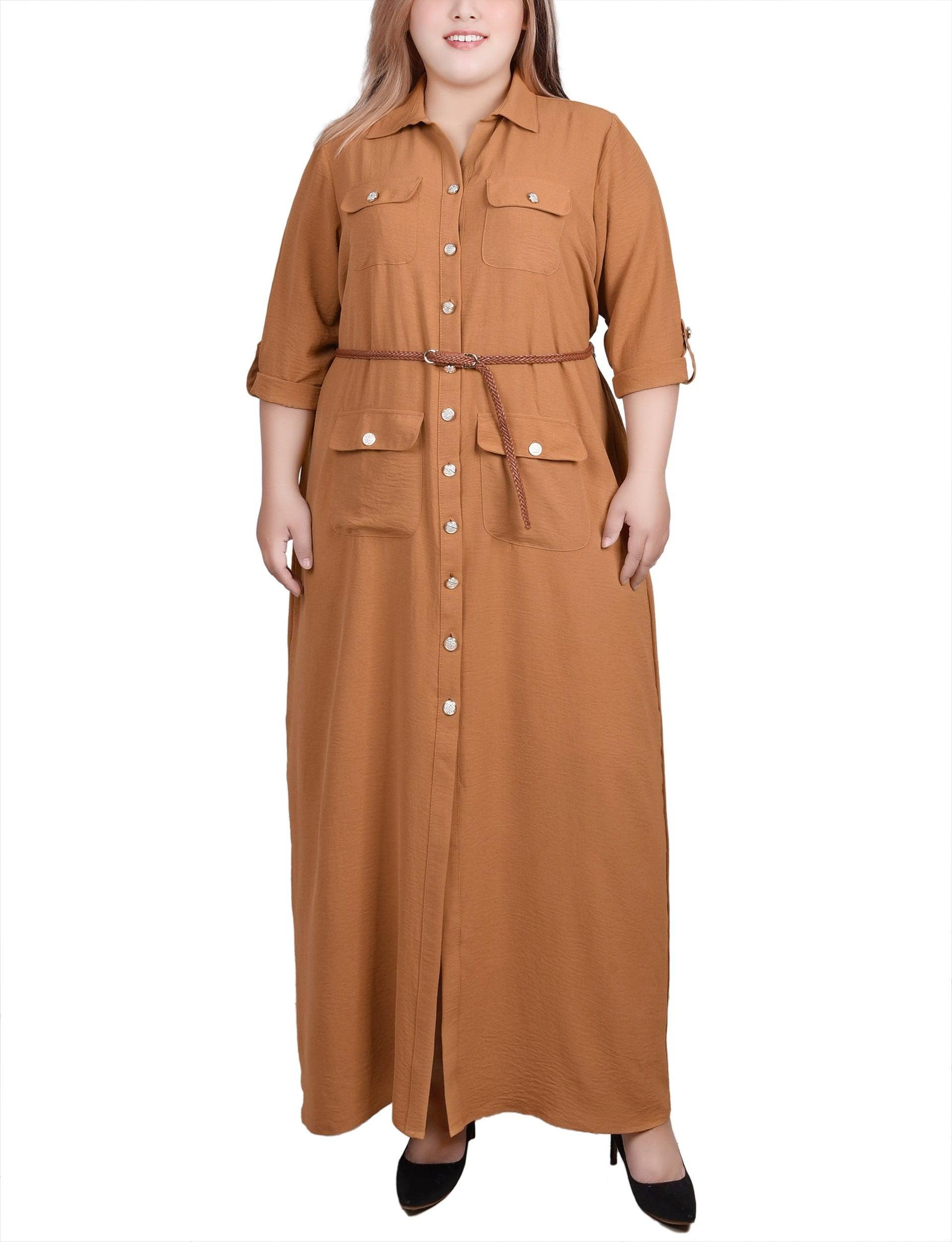 Bone Brown 3/4 Sleeve Safari Style Belted Shirtdress - Plus Product Image