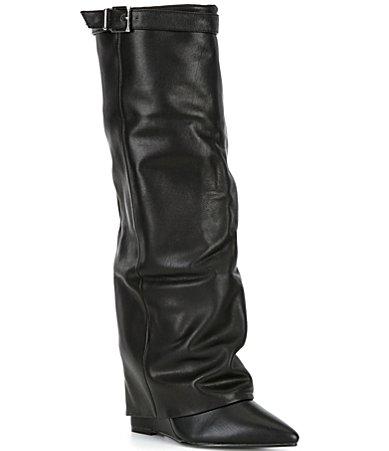 Steve Madden Corenne Leather Foldover Buckle Strap Tall Wedge Boots Product Image
