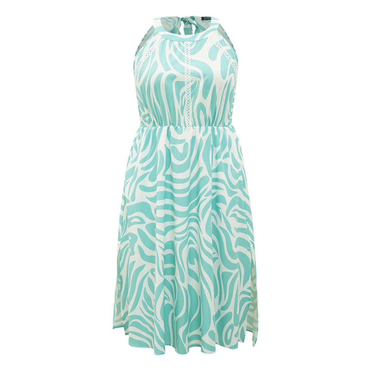 Plus Size Geometric Print Halter Split Elastic Waist Patchwork Dress LightGreen Women Elegant Patchwork Round Neck Short sleeve Curvy Midi Dress BloomChic 26/4X Product Image