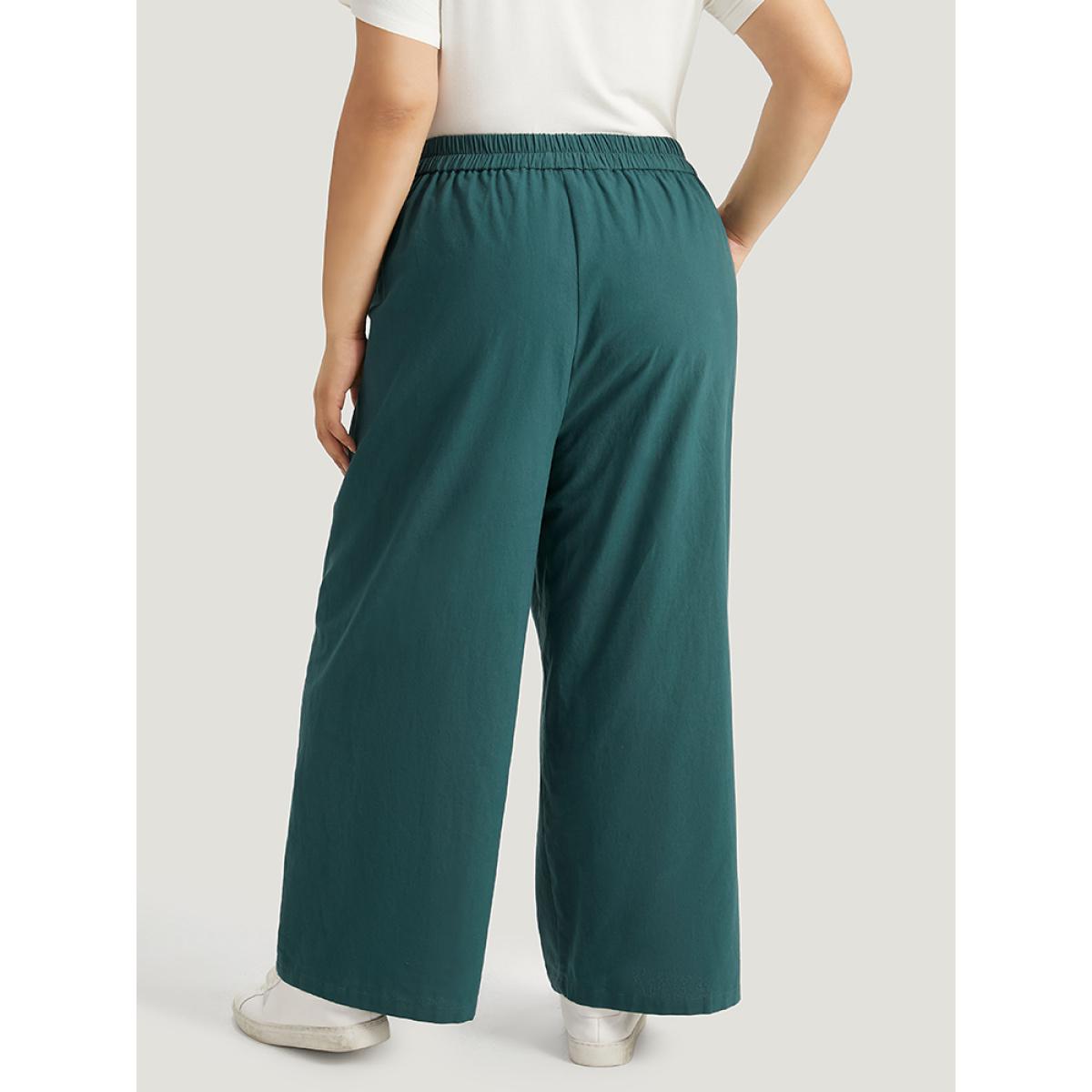Plus Size Plain Pocket Elastic Waist Plicated Detail Pants Women Cyan Casual Straight Leg High Rise Everyday Pants BloomChic 18-20/2X Product Image