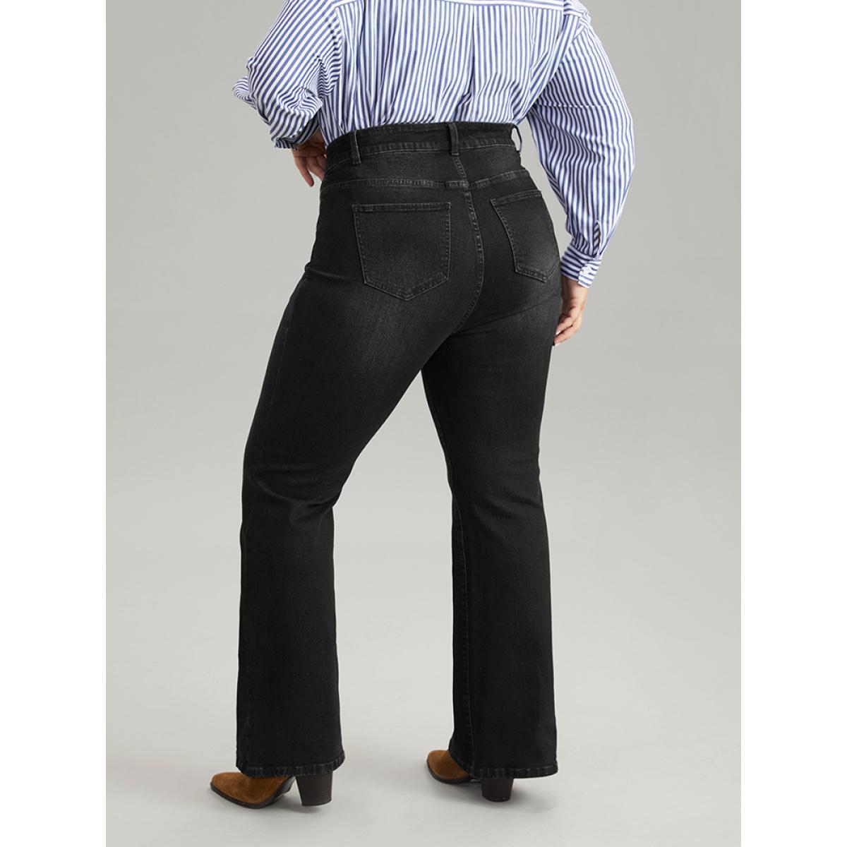 Plus Size Flare Leg Button Detail High Rise Jeans Women Black Casual Plain Non High stretch Slanted pocket Jeans BloomChic 18/2X Product Image