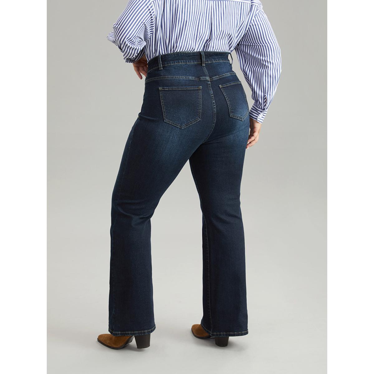 Plus Size Flare Leg Button Detail High Rise Jeans Women Indigo Casual Plain Non High stretch Slanted pocket Jeans BloomChic 24/3X Product Image