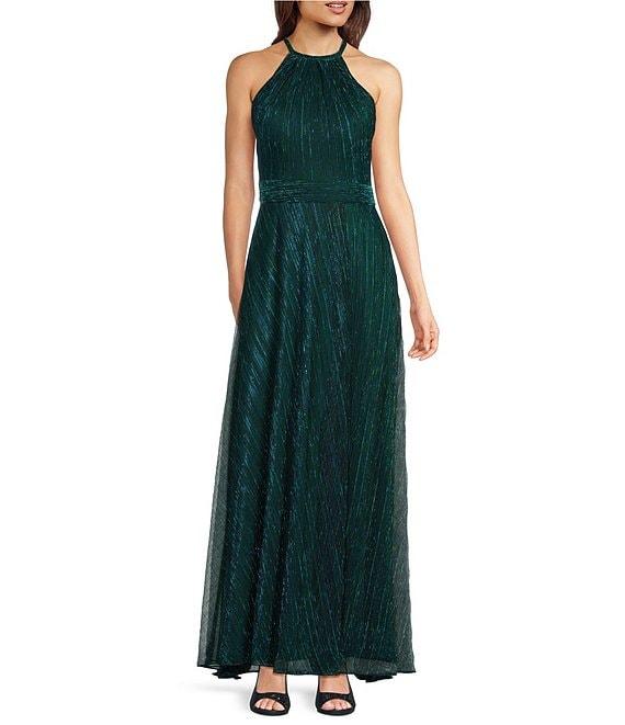 Betsy & Adam Petite Size Metallic Crinkle Halter Neck Sleeveless Gown Product Image