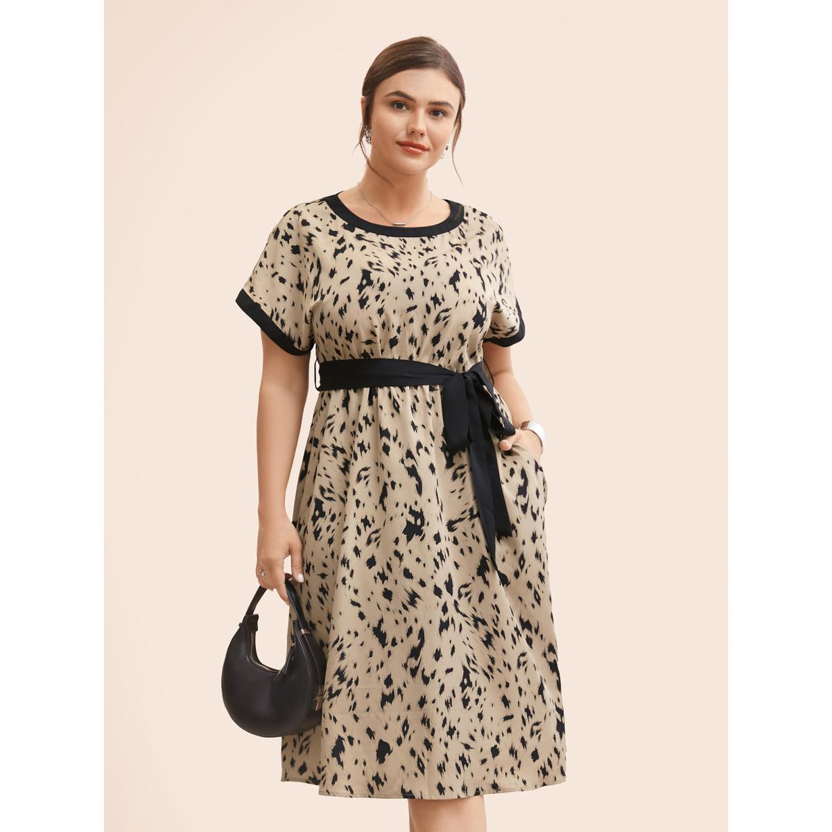 Plus Size Leopard Print Contrast Trim Dolman Sleeve Dress Leopard Women At the Office Belted Round Neck Short sleeve Curvy BloomChic 10/M Product Image