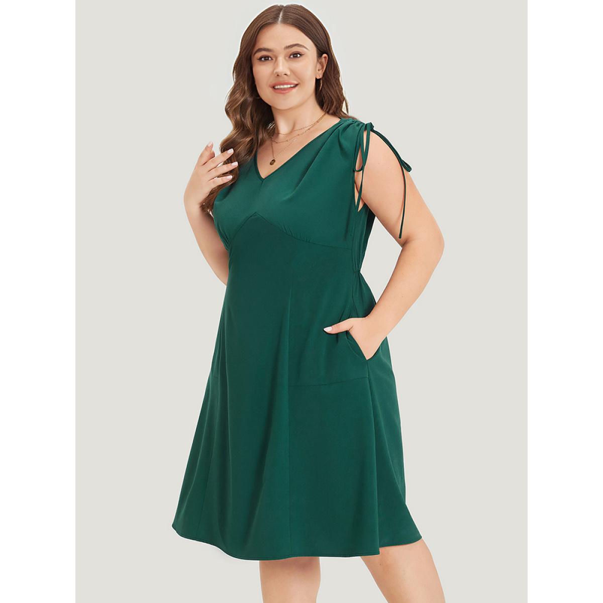 Plus Size Supersoft Essentials Drawstring Pocket Gathered Ruffle Hem Dress Green Women Elegant Drawstring V-neck Sleeveless Curvy Midi Dress BloomChic 18-20/2X Product Image